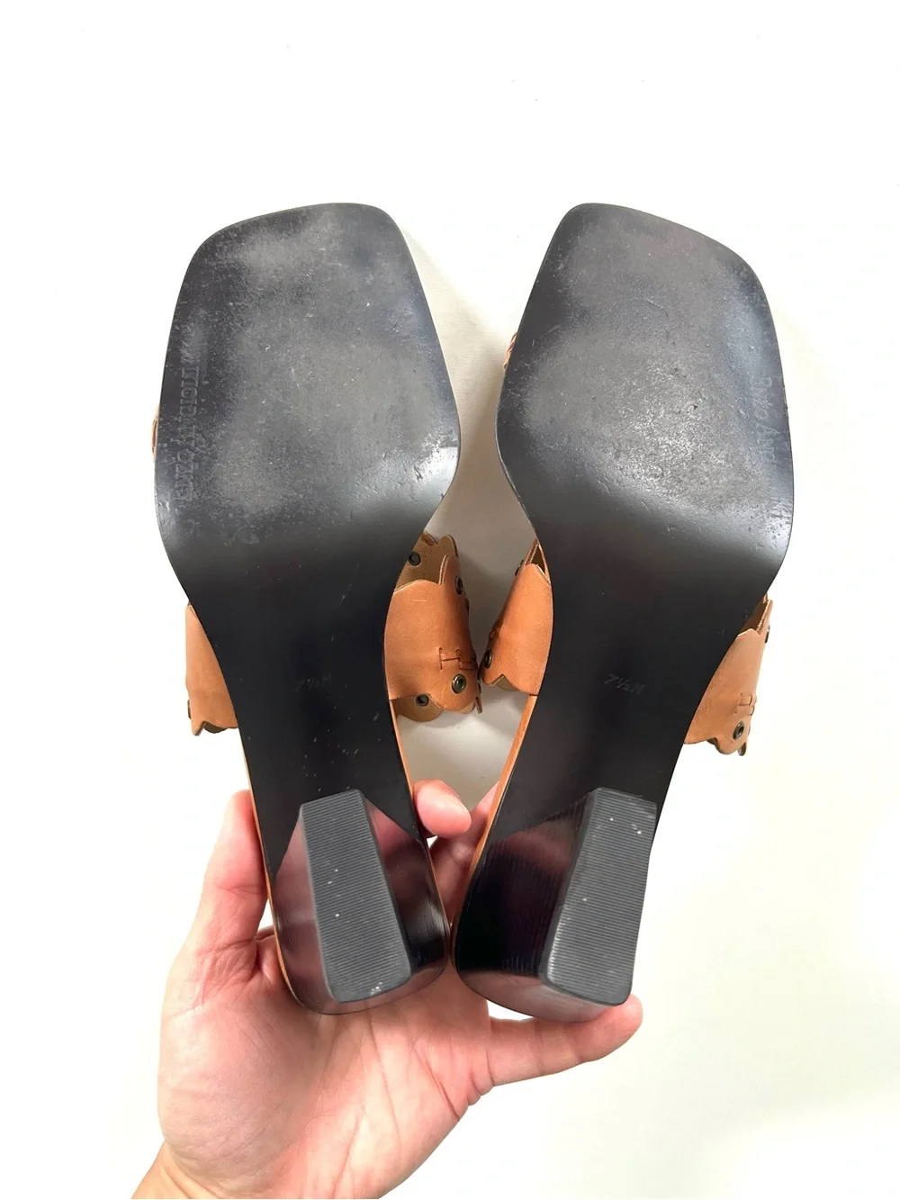 Enzo Angiolini Tan Brown Genuine Leather Woven Studded Open Toe Slide Heels